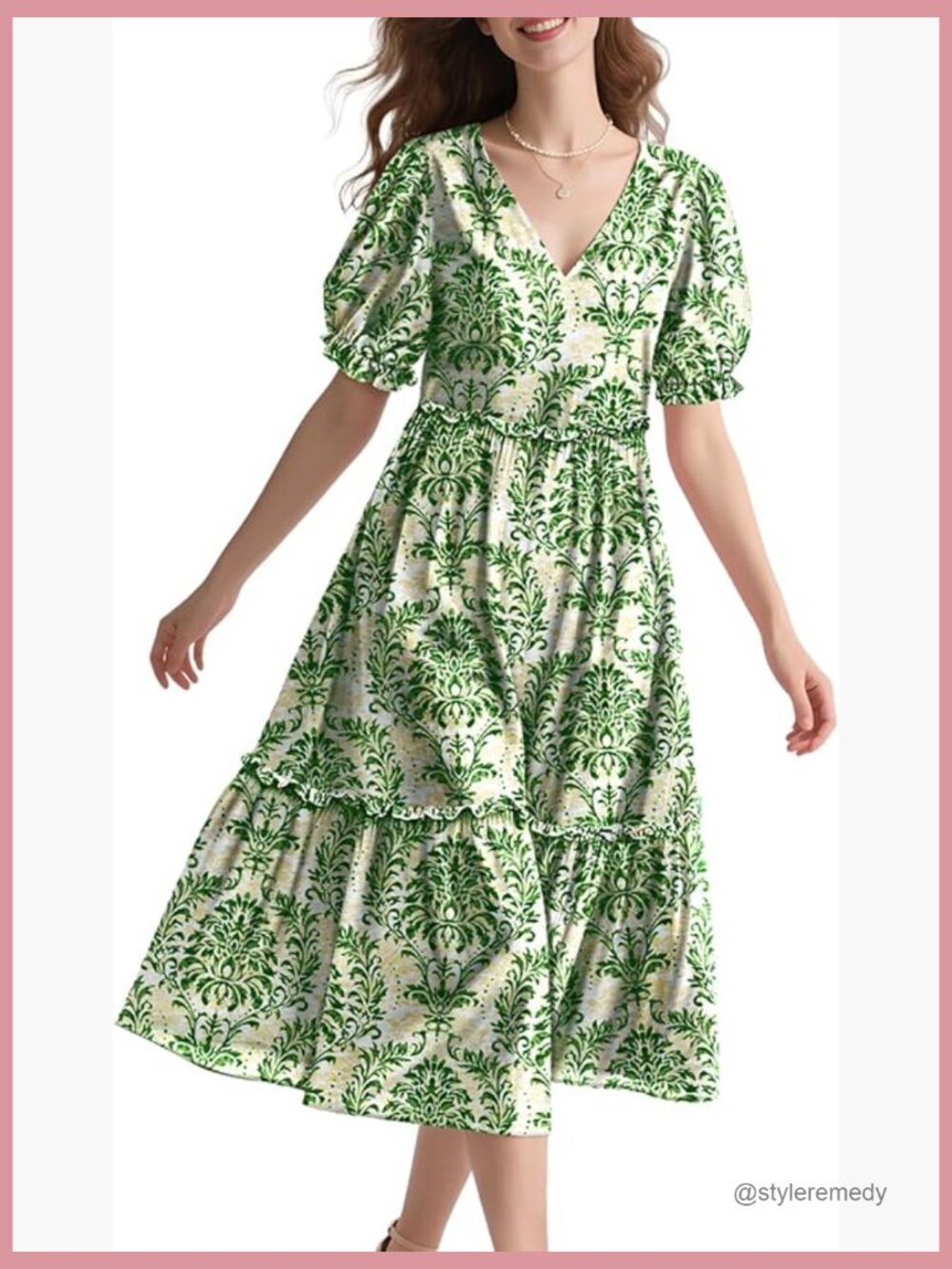 Summer Floral Midi Dress V Neck Puff Short Sleeve Frill Trim with Pockets